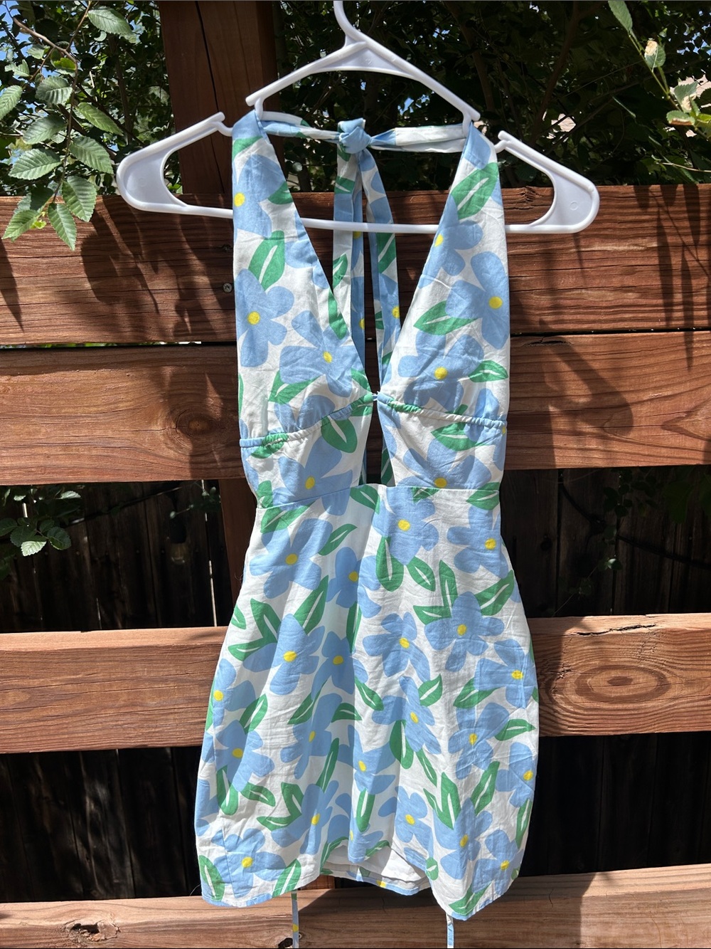 Flower print halter tie back mini dress
